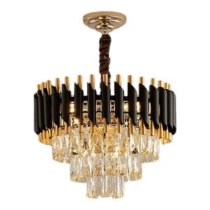 Modern Crystal Chandeliers 3 Tiers Black and Gold Pendant Light Fixtures 16” Round Flush Mount Chandeliers Ceiling Lighting Dimmable for Living Room Dining Room Foyer Bedroom Kitchen