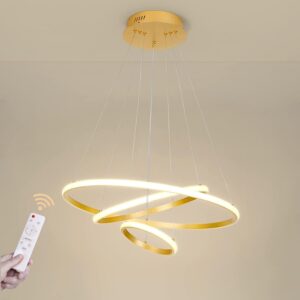 Modern LED Gold Chandelier 3 Ring LED Pendant Light Fixture Dimmable with Remote Control Adjustable Height Ceiling Chandelier for Living Room Dining Room Bedroom Foyer Stairway
