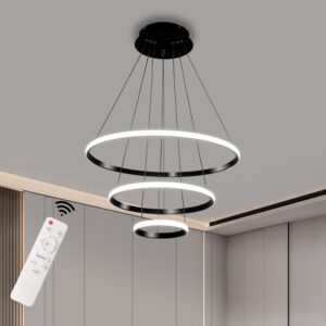 Modern LED Pendant Light, 3 Rings Black Chandeliers Fixture Dimmable with Remote Control 3-Color LED Chandelier Ceiling Pendant Light for Bedroom, Living Room, Dining Room, Kitchen