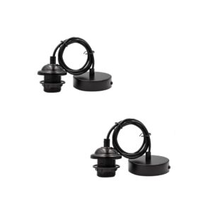 Ceiling Pendant & Lamp Holder, Metal Pendant Light Fitting, E27 Lamp Holder, Fitting Set with Braided Fabric Cable (Black 2pcs)